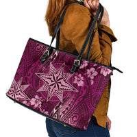 Vintage Tonga Tribal Ngatu Pattern Leather Tote Bag With Pacific Floral Pink Art LT9 - Polynesian Pride