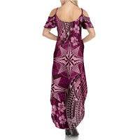 Vintage Tonga Tribal Ngatu Pattern Summer Maxi Dress With Pacific Floral Pink Art LT9 - Polynesian Pride