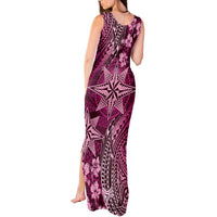 Vintage Tonga Tribal Ngatu Pattern Tank Maxi Dress With Pacific Floral Pink Art LT9 - Polynesian Pride