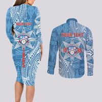 Personalised Tonga Apifo'ou College Couples Matching Long Sleeve Bodycon Dress and Long Sleeve Button Shirt Since 1865 Special Kupesi Pattern LT9 - Polynesian Pride