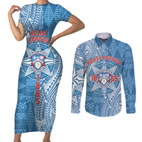 Personalised Tonga Apifo'ou College Couples Matching Short Sleeve Bodycon Dress and Long Sleeve Button Shirt Since 1865 Special Kupesi Pattern LT9 Blue - Polynesian Pride