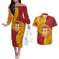 Personalised Kolisi Tonga Atele Couples Matching Off The Shoulder Long Sleeve Dress and Hawaiian Shirt Since 1882 Simple Ngatu Pattern LT9 Gold - Polynesian Pride