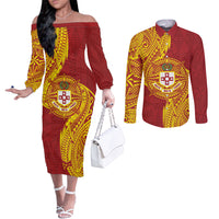 Personalised Kolisi Tonga Atele Couples Matching Off The Shoulder Long Sleeve Dress and Long Sleeve Button Shirt Since 1882 Simple Ngatu Pattern LT9 Gold - Polynesian Pride
