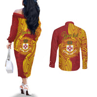 Personalised Kolisi Tonga Atele Couples Matching Off The Shoulder Long Sleeve Dress and Long Sleeve Button Shirt Since 1882 Simple Ngatu Pattern LT9 - Polynesian Pride