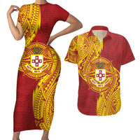 Personalised Kolisi Tonga Atele Couples Matching Short Sleeve Bodycon Dress and Hawaiian Shirt Since 1882 Simple Ngatu Pattern LT9 Gold - Polynesian Pride