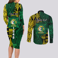 Personalised Tonga Liahona High School Couples Matching Long Sleeve Bodycon Dress and Long Sleeve Button Shirt Since 1948 Special Kupesi Pattern LT9 - Polynesian Pride