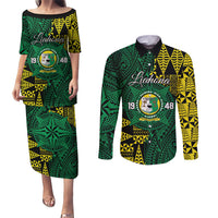 Personalised Tonga Liahona High School Couples Matching Puletasi and Long Sleeve Button Shirt Since 1948 Special Kupesi Pattern LT9 Green - Polynesian Pride