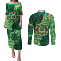 Personalised Tonga Saineha High School Couples Matching Puletasi and Long Sleeve Button Shirt Since 1978 Special Kupesi Pattern LT9 Green - Polynesian Pride