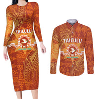 Personalised Tonga Tailulu College Couples Matching Long Sleeve Bodycon Dress and Long Sleeve Button Shirt Since 1967 Special Kupesi Pattern Version 1 LT9 Gold - Polynesian Pride