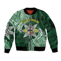 Personalised Tonga Takuilau College Sleeve Zip Bomber Jacket Since 1975 Special Kupesi Pattern LT9 Unisex Green - Polynesian Pride
