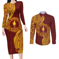 Personalised Tonga Beulah College Couples Matching Long Sleeve Bodycon Dress and Long Sleeve Button Shirt Since 1938 Special Kupesi Pattern LT9 Gold - Polynesian Pride