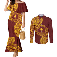 Personalised Tonga Beulah College Couples Matching Mermaid Dress and Long Sleeve Button Shirt Since 1938 Special Kupesi Pattern LT9 Gold - Polynesian Pride