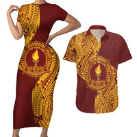 Personalised Tonga Beulah College Couples Matching Short Sleeve Bodycon Dress and Hawaiian Shirt Since 1938 Special Kupesi Pattern LT9 Gold - Polynesian Pride