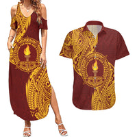 Personalised Tonga Beulah College Couples Matching Summer Maxi Dress and Hawaiian Shirt Since 1938 Special Kupesi Pattern LT9 Gold - Polynesian Pride