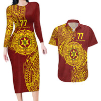 Personalised Tonga High School 77th Anniversary Couples Matching Long Sleeve Bodycon Dress and Hawaiian Shirt Special Kupesi Pattern LT9 Gold - Polynesian Pride