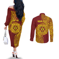 Personalised Tonga High School 77th Anniversary Couples Matching Off The Shoulder Long Sleeve Dress and Long Sleeve Button Shirt Special Kupesi Pattern LT9 - Polynesian Pride