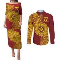 Personalised Tonga High School 77th Anniversary Couples Matching Puletasi and Long Sleeve Button Shirt Special Kupesi Pattern LT9 Gold - Polynesian Pride