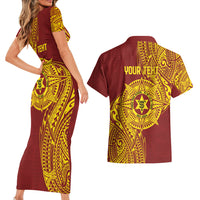 Personalised Tonga High School 77th Anniversary Couples Matching Short Sleeve Bodycon Dress and Hawaiian Shirt Special Kupesi Pattern LT9 - Polynesian Pride