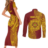 Personalised Tonga High School 77th Anniversary Couples Matching Short Sleeve Bodycon Dress and Long Sleeve Button Shirt Special Kupesi Pattern LT9 - Polynesian Pride