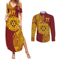 Personalised Tonga High School 77th Anniversary Couples Matching Summer Maxi Dress and Long Sleeve Button Shirt Special Kupesi Pattern LT9 Gold - Polynesian Pride