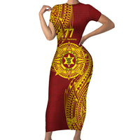 Personalised Tonga High School 77th Anniversary Family Matching Short Sleeve Bodycon Dress and Hawaiian Shirt Special Kupesi Pattern LT9 Mom's Dress Gold - Polynesian Pride