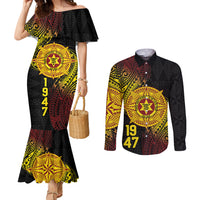 Personalised Tonga High School Couples Matching Mermaid Dress and Long Sleeve Button Shirt Since 1947 Special Kupesi Pattern LT9 Black - Polynesian Pride