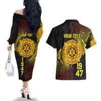 Personalised Tonga High School Couples Matching Off The Shoulder Long Sleeve Dress and Hawaiian Shirt Since 1947 Special Kupesi Pattern LT9 - Polynesian Pride