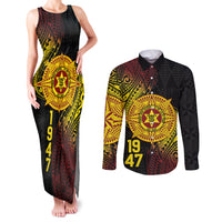 Personalised Tonga High School Couples Matching Tank Maxi Dress and Long Sleeve Button Shirt Since 1947 Special Kupesi Pattern LT9 Black - Polynesian Pride