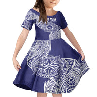 Personalised Tonga Tupou College Tolo 158th Anniversary Family Matching Off The Shoulder Long Sleeve Dress and Hawaiian Shirt Special Kupesi Pattern LT9 Daughter's Dress Blue - Polynesian Pride
