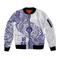 Personalised Tonga Tupou College Tolo Sleeve Zip Bomber Jacket Since 1866 Special Kupesi Pattern LT9 Unisex White - Polynesian Pride