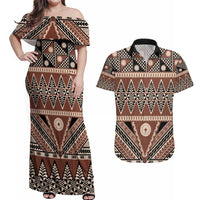 Vintage Bula Fiji Couples Matching Off Shoulder Maxi Dress and Hawaiian Shirt Brown Tapa Masi Motif