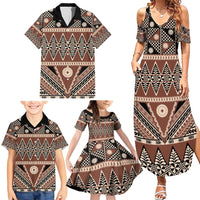 Vintage Bula Fiji Family Matching Summer Maxi Dress and Hawaiian Shirt Brown Tapa Masi Motif