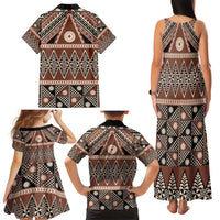 Vintage Bula Fiji Family Matching Tank Maxi Dress and Hawaiian Shirt Brown Tapa Masi Motif