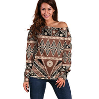 Vintage Bula Fiji Off Shoulder Sweater Brown Tapa Masi Motif