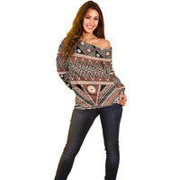 Vintage Bula Fiji Off Shoulder Sweater Brown Tapa Masi Motif