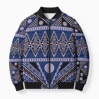 Vintage Bula Fiji Bomber Puffer Jacket Prussian Blue Tapa Masi Motif - Polynesian Pride