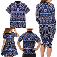 Vintage Bula Fiji Family Matching Long Sleeve Bodycon Dress and Hawaiian Shirt Prussian Blue Tapa Masi Motif
