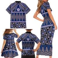 Vintage Bula Fiji Family Matching Short Sleeve Bodycon Dress and Hawaiian Shirt Prussian Blue Tapa Masi Motif