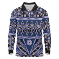 Vintage Bula Fiji Long Sleeve Polo Shirt Prussian Blue Tapa Masi Motif