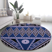Vintage Bula Fiji Round Carpet Prussian Blue Tapa Masi Motif
