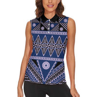 Vintage Bula Fiji Women Sleeveless Polo Shirt Prussian Blue Tapa Masi Motif