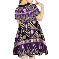 Vintage Bula Fiji Kid Short Sleeve Dress Purple Tapa Masi Motif