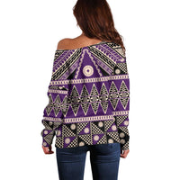 Vintage Bula Fiji Off Shoulder Sweater Purple Tapa Masi Motif