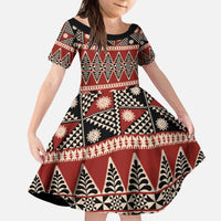 Vintage Bula Fiji Kid Short Sleeve Dress Red Tapa Masi Motif