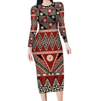 Vintage Bula Fiji Long Sleeve Bodycon Dress Red Tapa Masi Motif