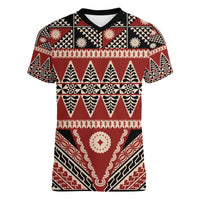 Vintage Bula Fiji Women V-Neck T-Shirt Red Tapa Masi Motif