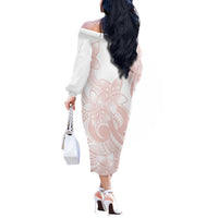 Polynesian Tribal Plumeria Lotu Tamaiti Off The Shoulder Long Sleeve Dress Pastel Blush - Polynesian Pride