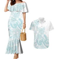 Polynesian Tribal Plumeria Lotu Tamaiti Couples Matching Mermaid Dress and Hawaiian Shirt Pastel Cyan - Polynesian Pride