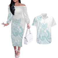 Polynesian Tribal Plumeria Lotu Tamaiti Couples Matching Off The Shoulder Long Sleeve Dress and Hawaiian Shirt Pastel Cyan - Polynesian Pride