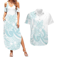Polynesian Tribal Plumeria Lotu Tamaiti Couples Matching Summer Maxi Dress and Hawaiian Shirt Pastel Cyan - Polynesian Pride